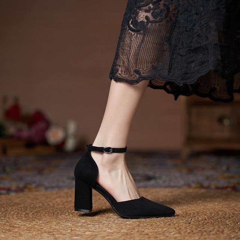 Suede Pointed Toe Block Heel Pumps Ankle Strap Elegant Shoes 695304002209 - 7 Days / Black-5cm / 30 - COCOMELODY